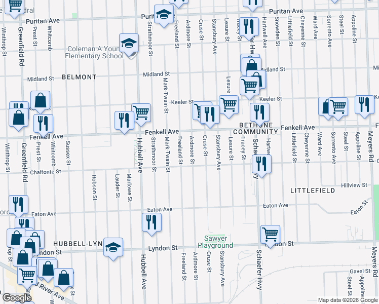map of restaurants, bars, coffee shops, grocery stores, and more near 15046 Ardmore Street in Detroit