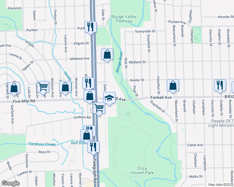 map of restaurants, bars, coffee shops, grocery stores, and more near 23800 Fenkell Avenue in Detroit