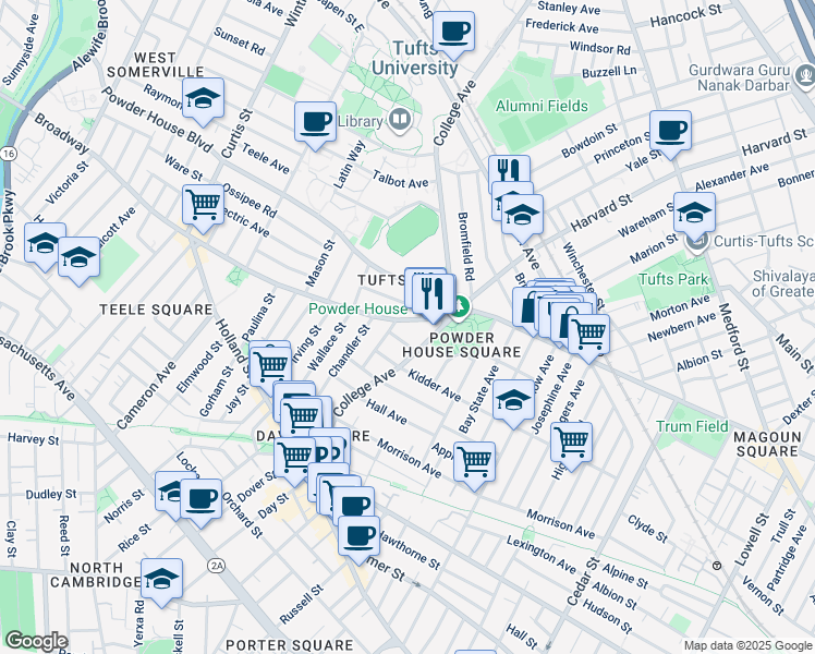 map of restaurants, bars, coffee shops, grocery stores, and more near 126 College Avenue in Somerville