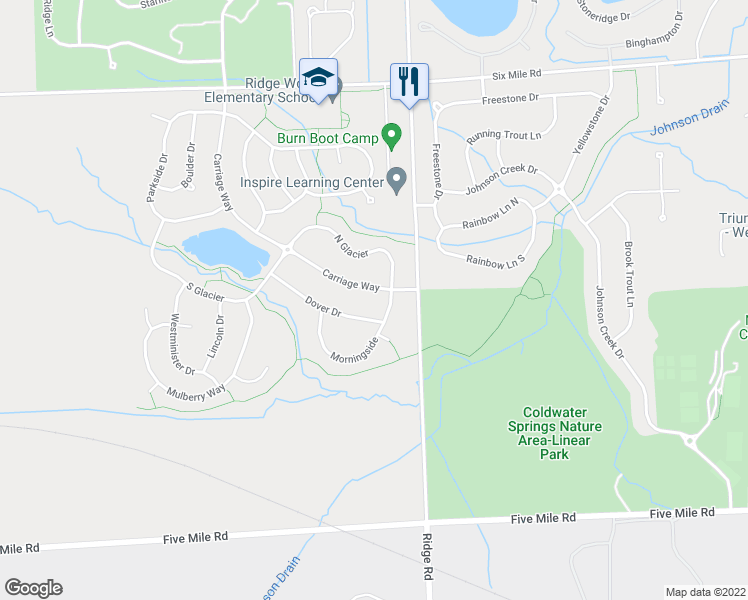 map of restaurants, bars, coffee shops, grocery stores, and more near 16803 Dover Drive in Northville