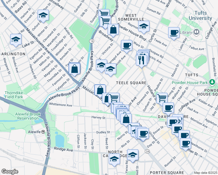 map of restaurants, bars, coffee shops, grocery stores, and more near 47 Clarendon Avenue in Cambridge