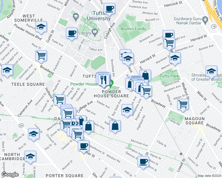 map of restaurants, bars, coffee shops, grocery stores, and more near 838 Broadway in Somerville