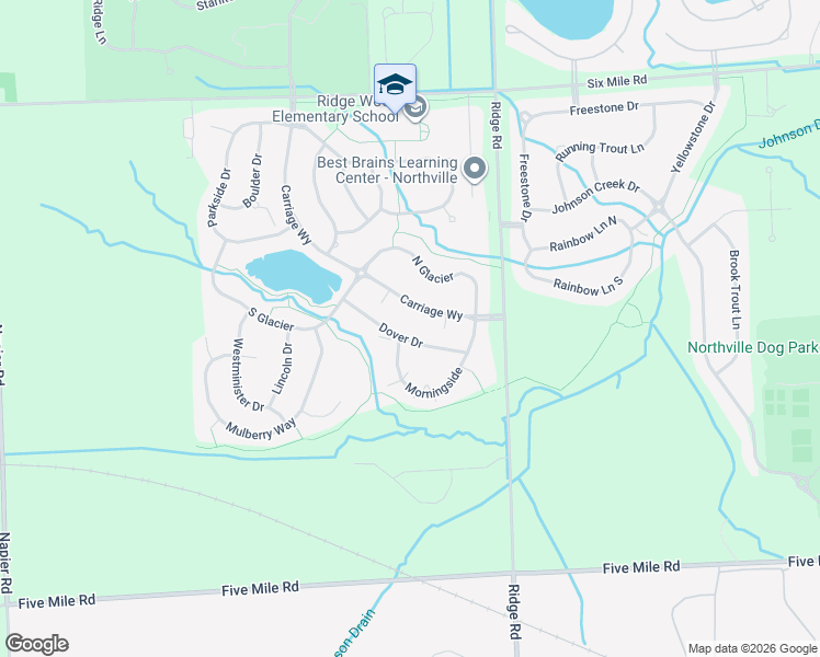 map of restaurants, bars, coffee shops, grocery stores, and more near 15957 Morningside in Northville