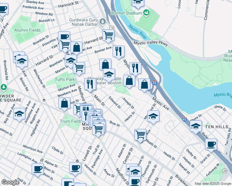 map of restaurants, bars, coffee shops, grocery stores, and more near 9 Bennett Street in Medford