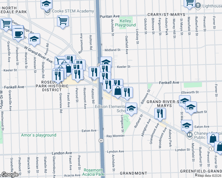 map of restaurants, bars, coffee shops, grocery stores, and more near 17700 Grand River Avenue in Detroit