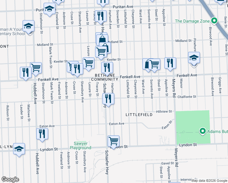 map of restaurants, bars, coffee shops, grocery stores, and more near 15044 Hartwell Avenue in Detroit