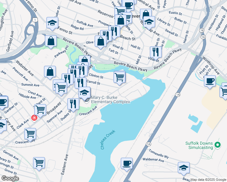 map of restaurants, bars, coffee shops, grocery stores, and more near 399 Crescent Avenue in Chelsea