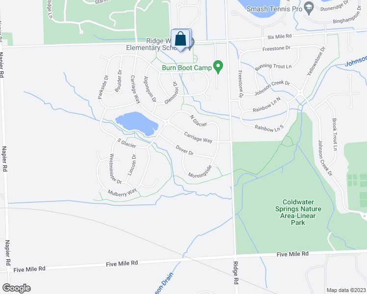 map of restaurants, bars, coffee shops, grocery stores, and more near 16784 Dover Drive in Northville