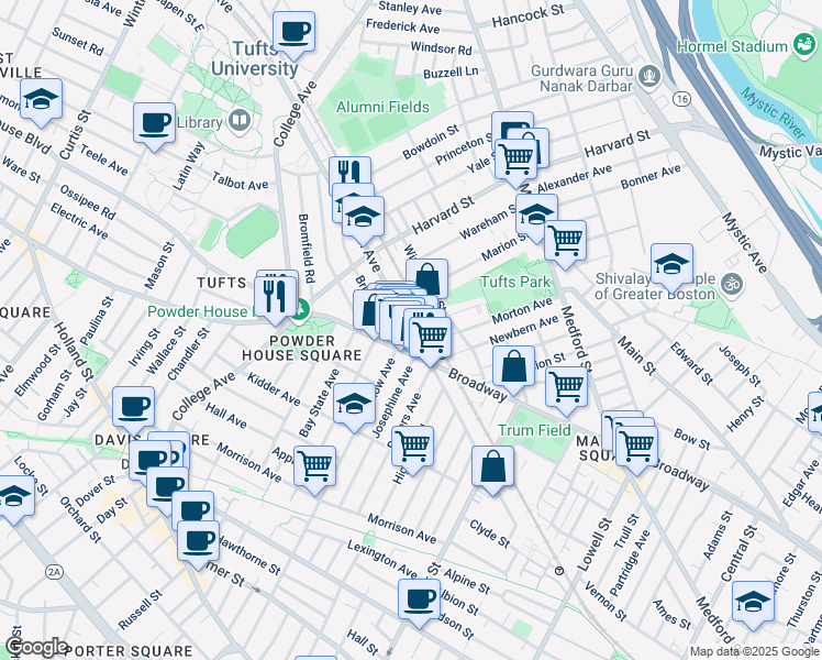 map of restaurants, bars, coffee shops, grocery stores, and more near 642 Boston Avenue in Medford