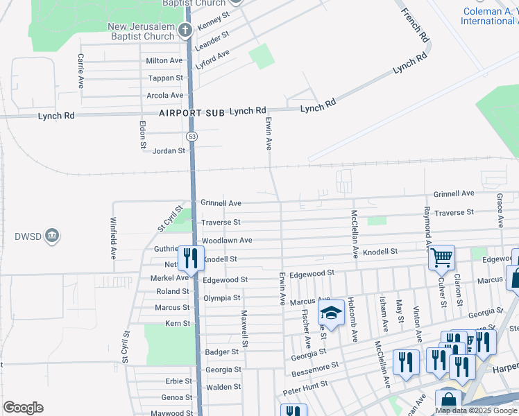 map of restaurants, bars, coffee shops, grocery stores, and more near 8210 Grinnell Avenue in Detroit