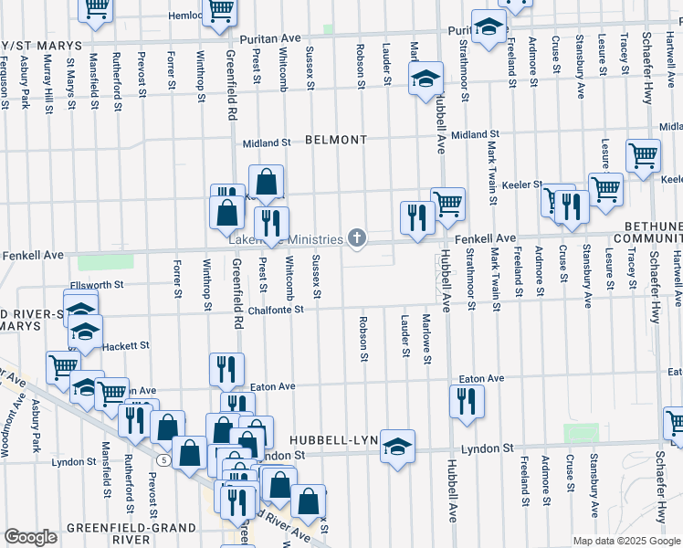 map of restaurants, bars, coffee shops, grocery stores, and more near 15076 Sussex Street in Detroit