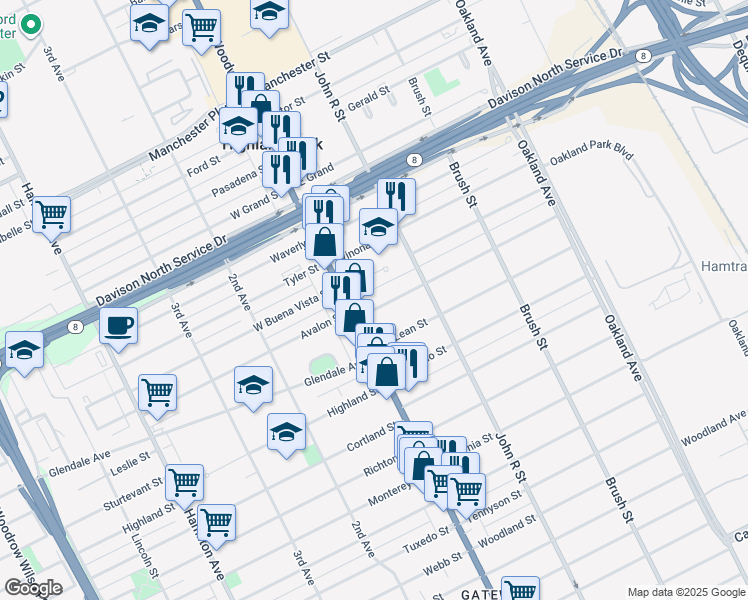 map of restaurants, bars, coffee shops, grocery stores, and more near 25 Farrand Park in Highland Park