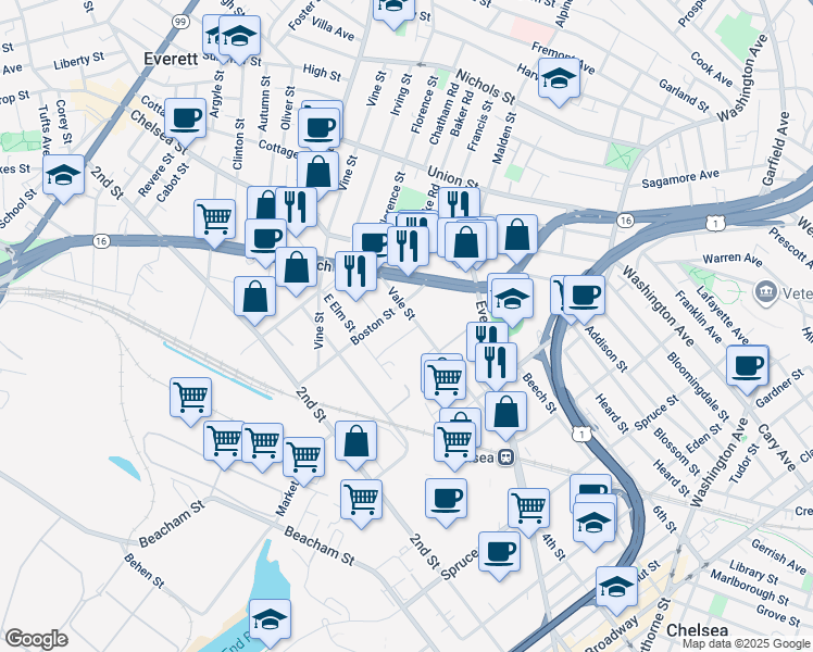 map of restaurants, bars, coffee shops, grocery stores, and more near 107 Boston Street in Everett