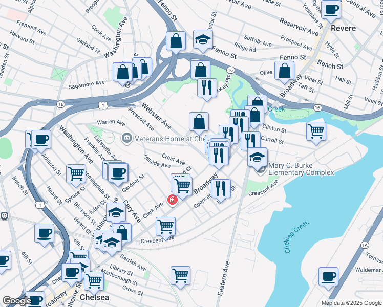 map of restaurants, bars, coffee shops, grocery stores, and more near 112 Webster Avenue in Chelsea