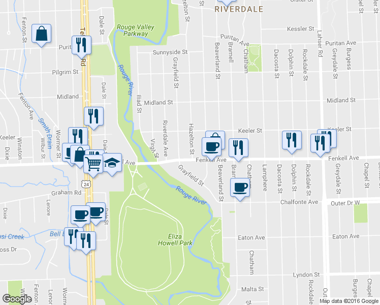 map of restaurants, bars, coffee shops, grocery stores, and more near 15313 Hazelton Street in Detroit