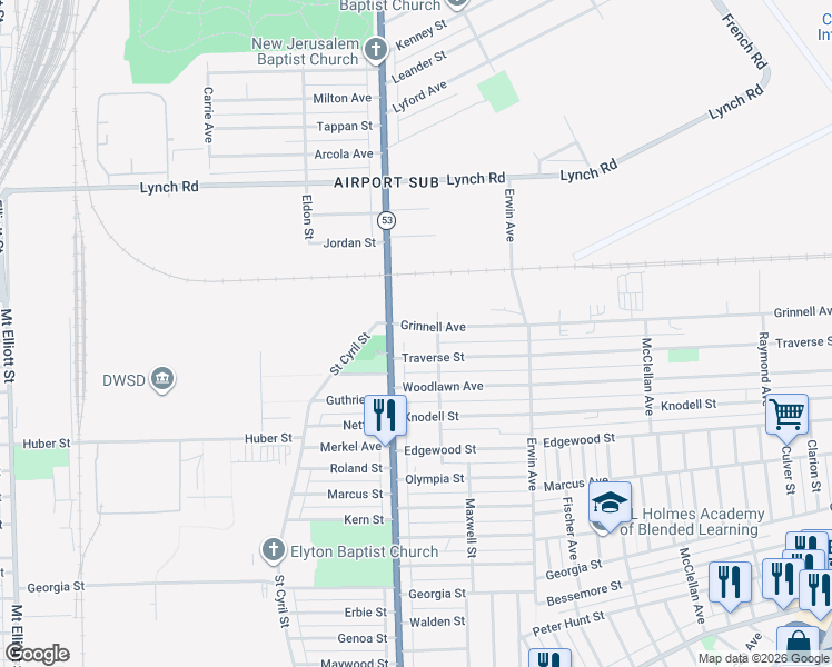 map of restaurants, bars, coffee shops, grocery stores, and more near 8036 Grinnell Avenue in Detroit