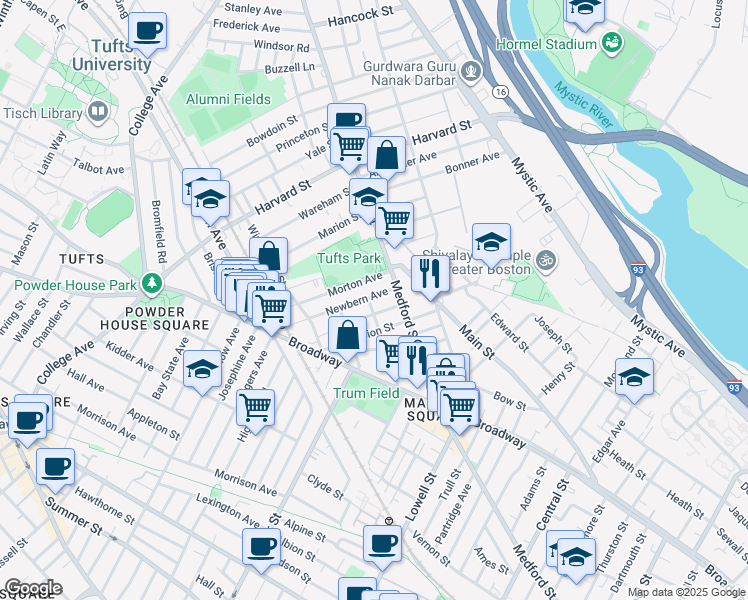 map of restaurants, bars, coffee shops, grocery stores, and more near 28 Newbern Avenue in Medford