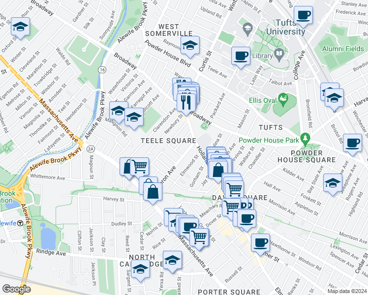 map of restaurants, bars, coffee shops, grocery stores, and more near 15 Cameron Avenue in Somerville