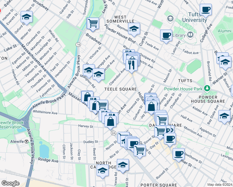 map of restaurants, bars, coffee shops, grocery stores, and more near 113 Yorktown Street in Somerville