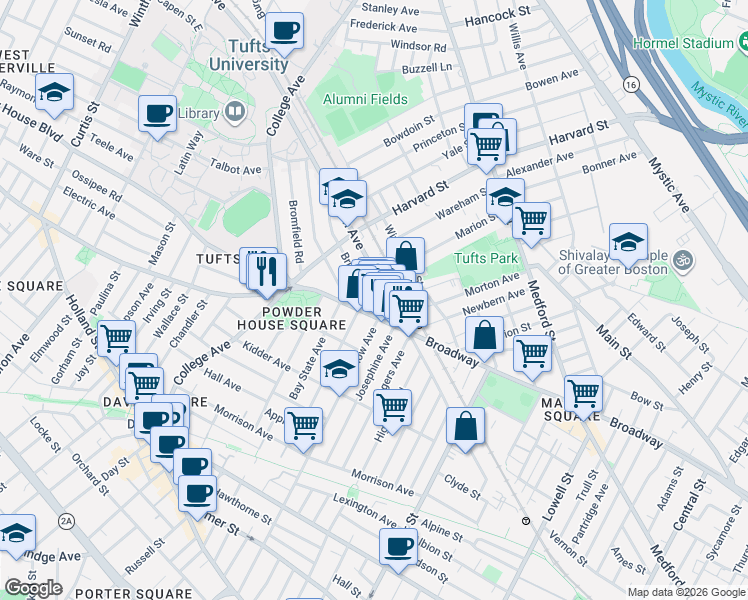 map of restaurants, bars, coffee shops, grocery stores, and more near in Somerville