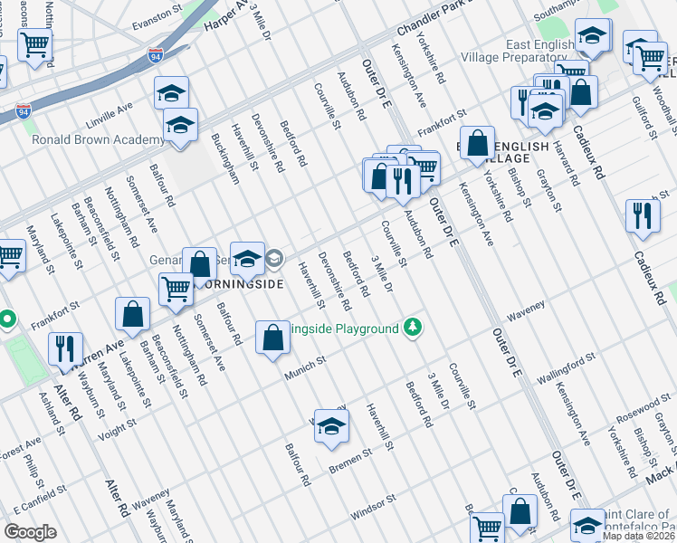 map of restaurants, bars, coffee shops, grocery stores, and more near 4834 Devonshire Road in Detroit