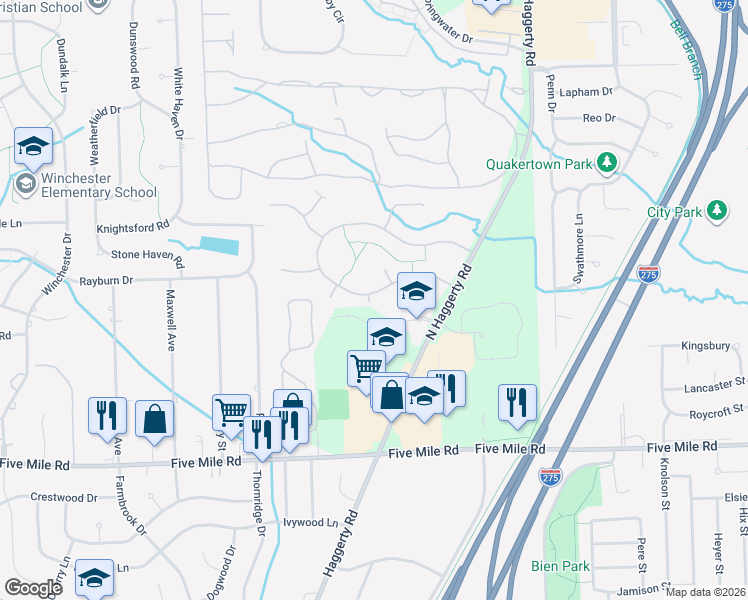 map of restaurants, bars, coffee shops, grocery stores, and more near 40143 Woodside Drive South in Northville