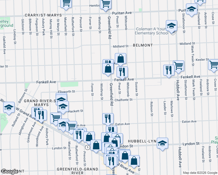 map of restaurants, bars, coffee shops, grocery stores, and more near 15101 Greenfield Road in Detroit