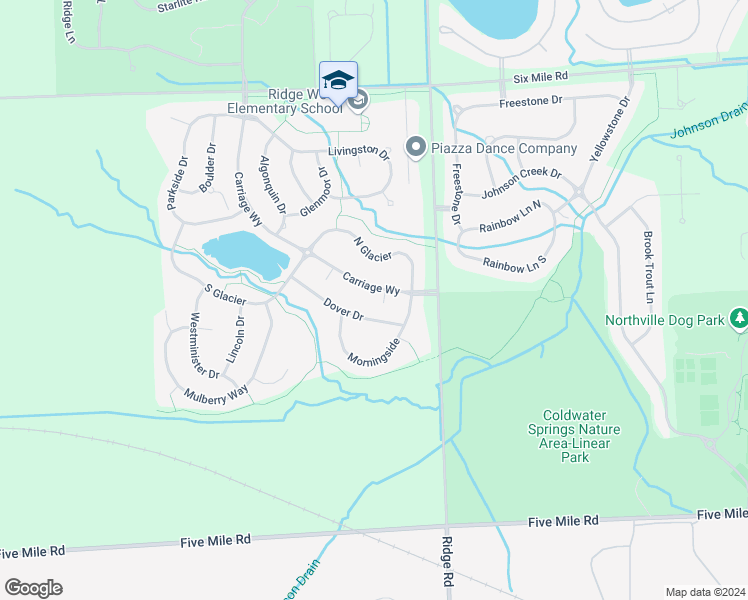 map of restaurants, bars, coffee shops, grocery stores, and more near 16867 Dover Drive in Northville