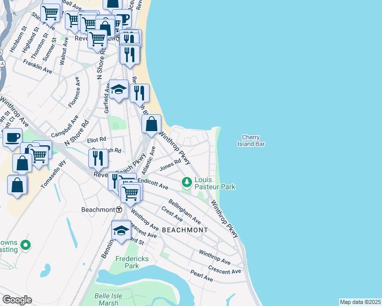 map of restaurants, bars, coffee shops, grocery stores, and more near 23 Roughan Street in Revere