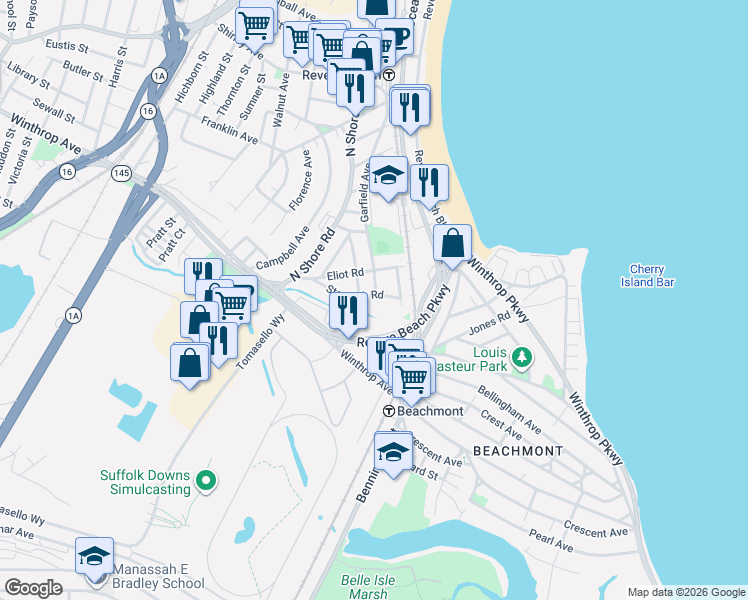 map of restaurants, bars, coffee shops, grocery stores, and more near 57 Standish Road in Revere