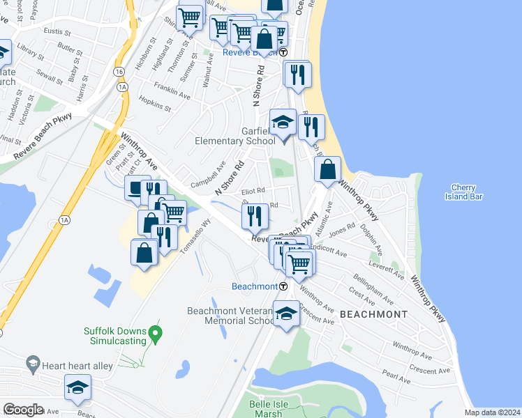 map of restaurants, bars, coffee shops, grocery stores, and more near 57 Standish Road in Revere