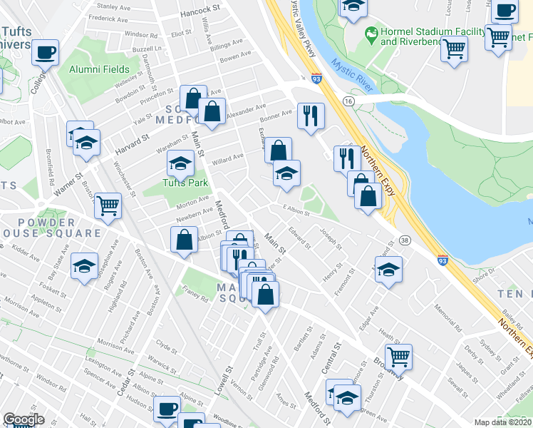 map of restaurants, bars, coffee shops, grocery stores, and more near 90 Edward Street in Medford