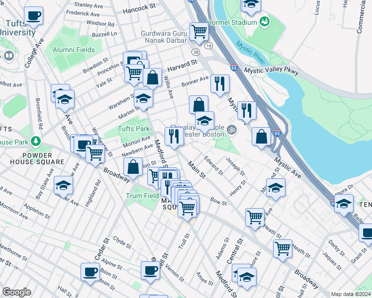 map of restaurants, bars, coffee shops, grocery stores, and more near 90 Edward Street in Medford