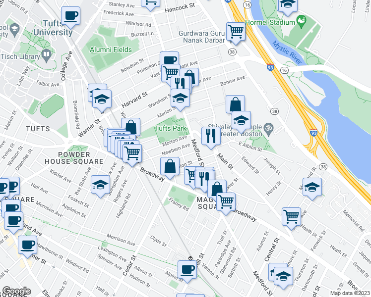 map of restaurants, bars, coffee shops, grocery stores, and more near 28 Newbern Avenue in Medford