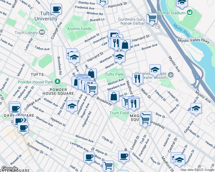 map of restaurants, bars, coffee shops, grocery stores, and more near 55 Newbern Avenue in Medford
