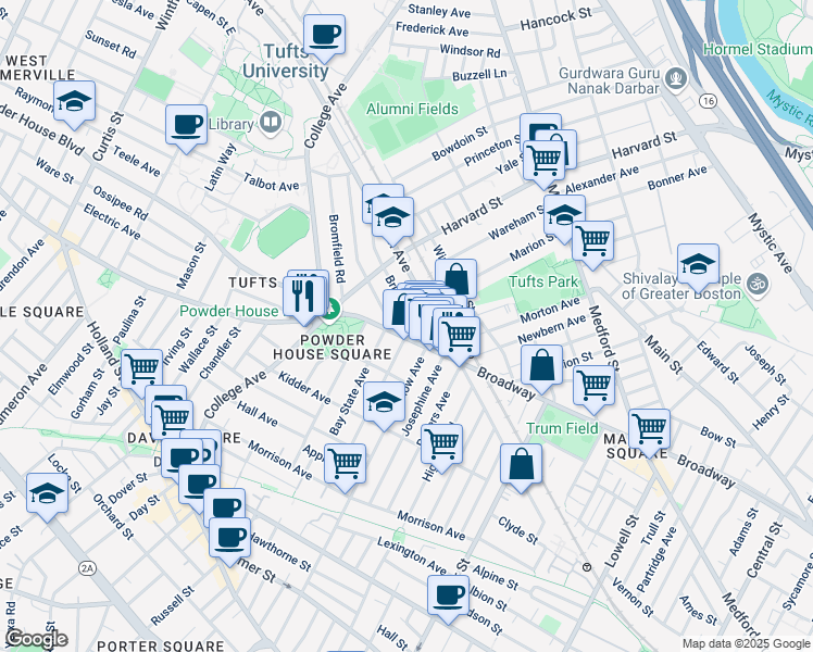 map of restaurants, bars, coffee shops, grocery stores, and more near 739 Broadway in Somerville
