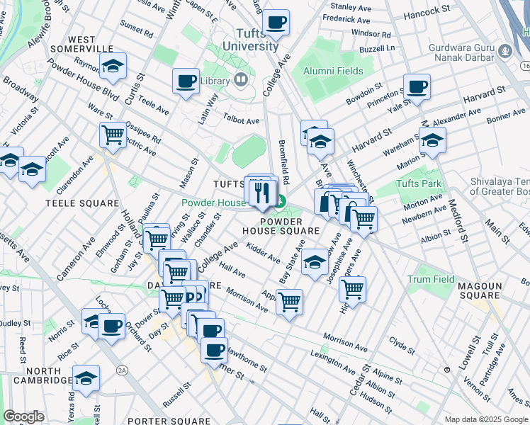 map of restaurants, bars, coffee shops, grocery stores, and more near 126 College Avenue in Somerville