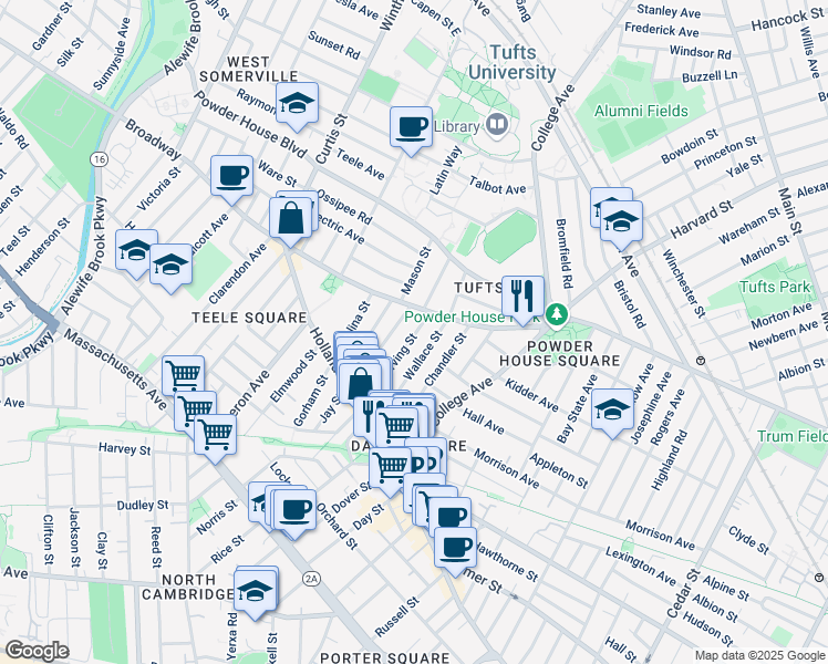 map of restaurants, bars, coffee shops, grocery stores, and more near 66 Irving Street in Somerville