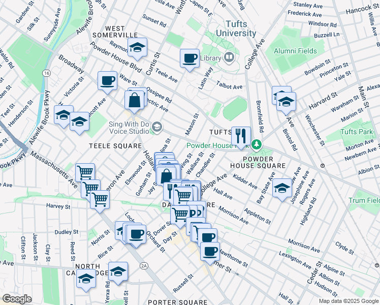 map of restaurants, bars, coffee shops, grocery stores, and more near 66 Irving Street in Somerville
