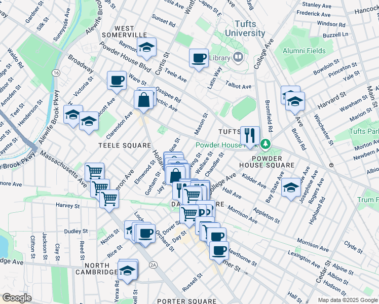 map of restaurants, bars, coffee shops, grocery stores, and more near 66 Irving Street in Somerville