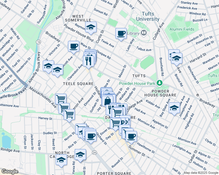 map of restaurants, bars, coffee shops, grocery stores, and more near 41 Corinthian Road in Somerville