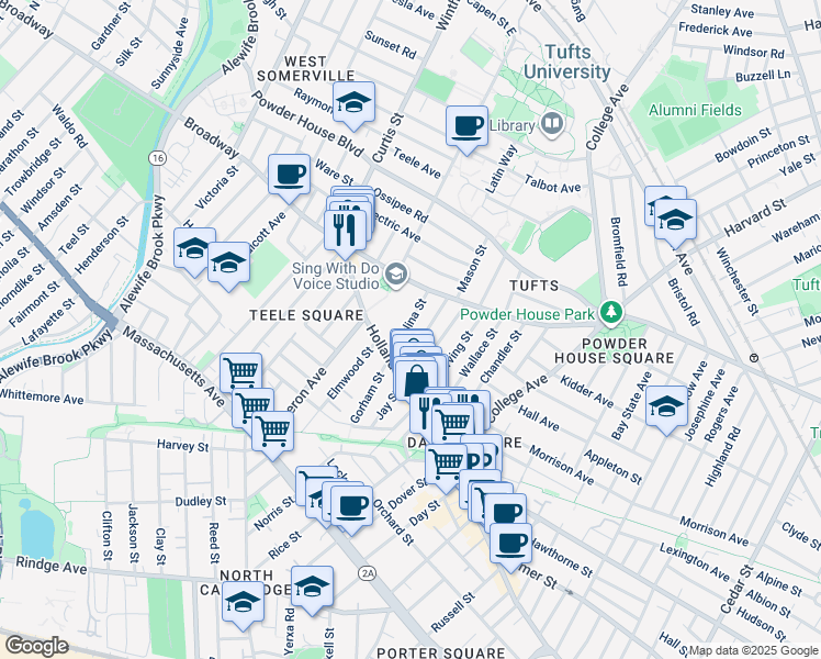 map of restaurants, bars, coffee shops, grocery stores, and more near 41 Corinthian Road in Somerville