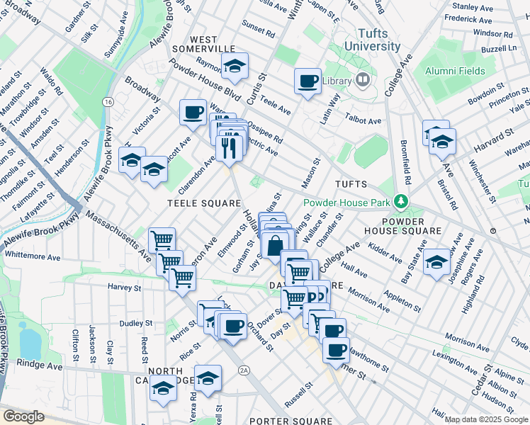 map of restaurants, bars, coffee shops, grocery stores, and more near 158 Holland Street in Somerville