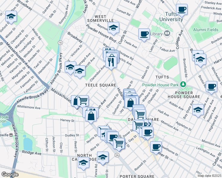 map of restaurants, bars, coffee shops, grocery stores, and more near 19 Cameron Avenue in Somerville