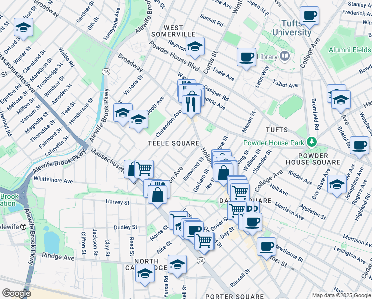 map of restaurants, bars, coffee shops, grocery stores, and more near 19 Cameron Avenue in Somerville