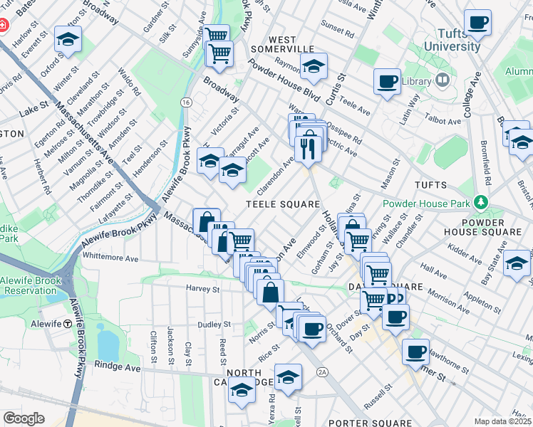 map of restaurants, bars, coffee shops, grocery stores, and more near 82 Newbury Street in Somerville
