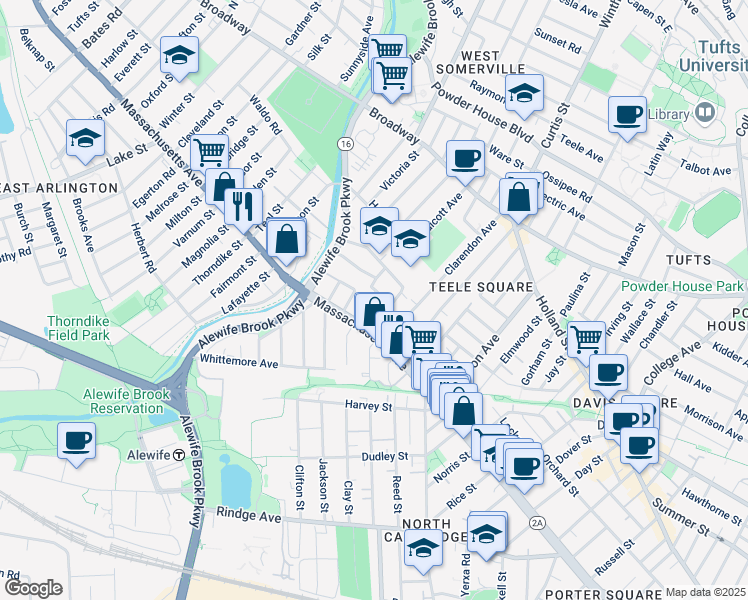 map of restaurants, bars, coffee shops, grocery stores, and more near 18 Richard Avenue in Cambridge