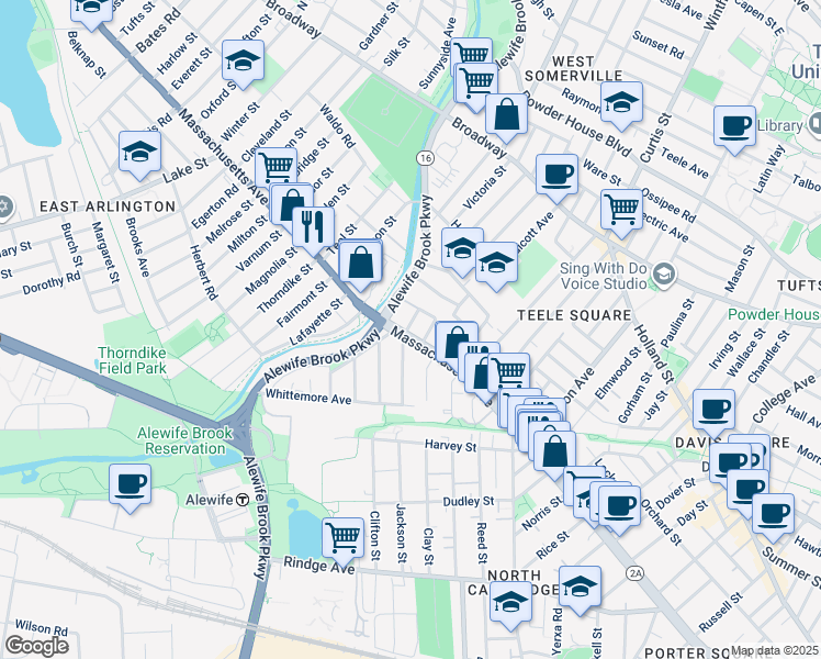 map of restaurants, bars, coffee shops, grocery stores, and more near 2571 Massachusetts Avenue in Cambridge