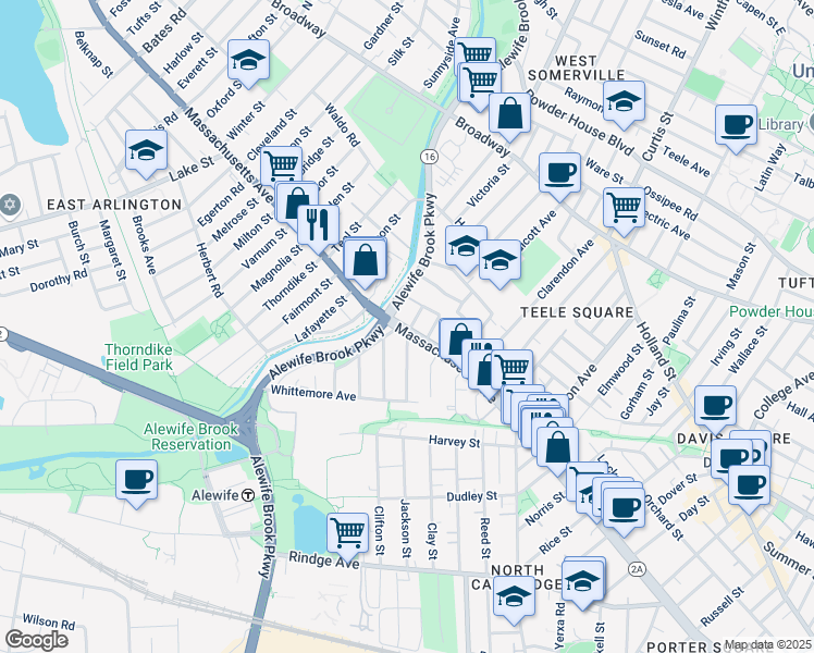 map of restaurants, bars, coffee shops, grocery stores, and more near 2571 Massachusetts Avenue in Cambridge