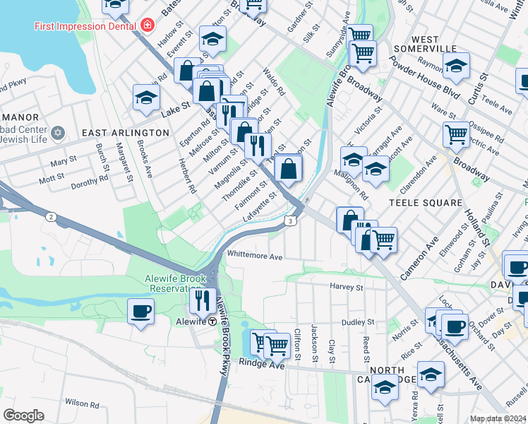 map of restaurants, bars, coffee shops, grocery stores, and more near 39 Lafayette Street in Arlington